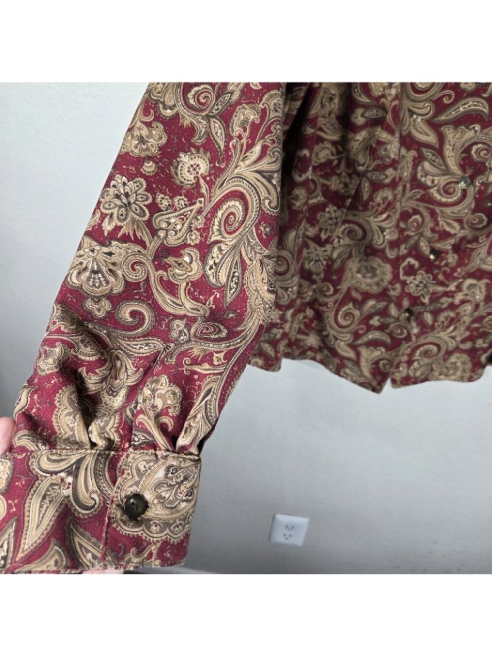 Vintage Talbots 18W Silk Wool Button Down Shirt 90s Pasley Burgundy Tan - Picture 6 of 16